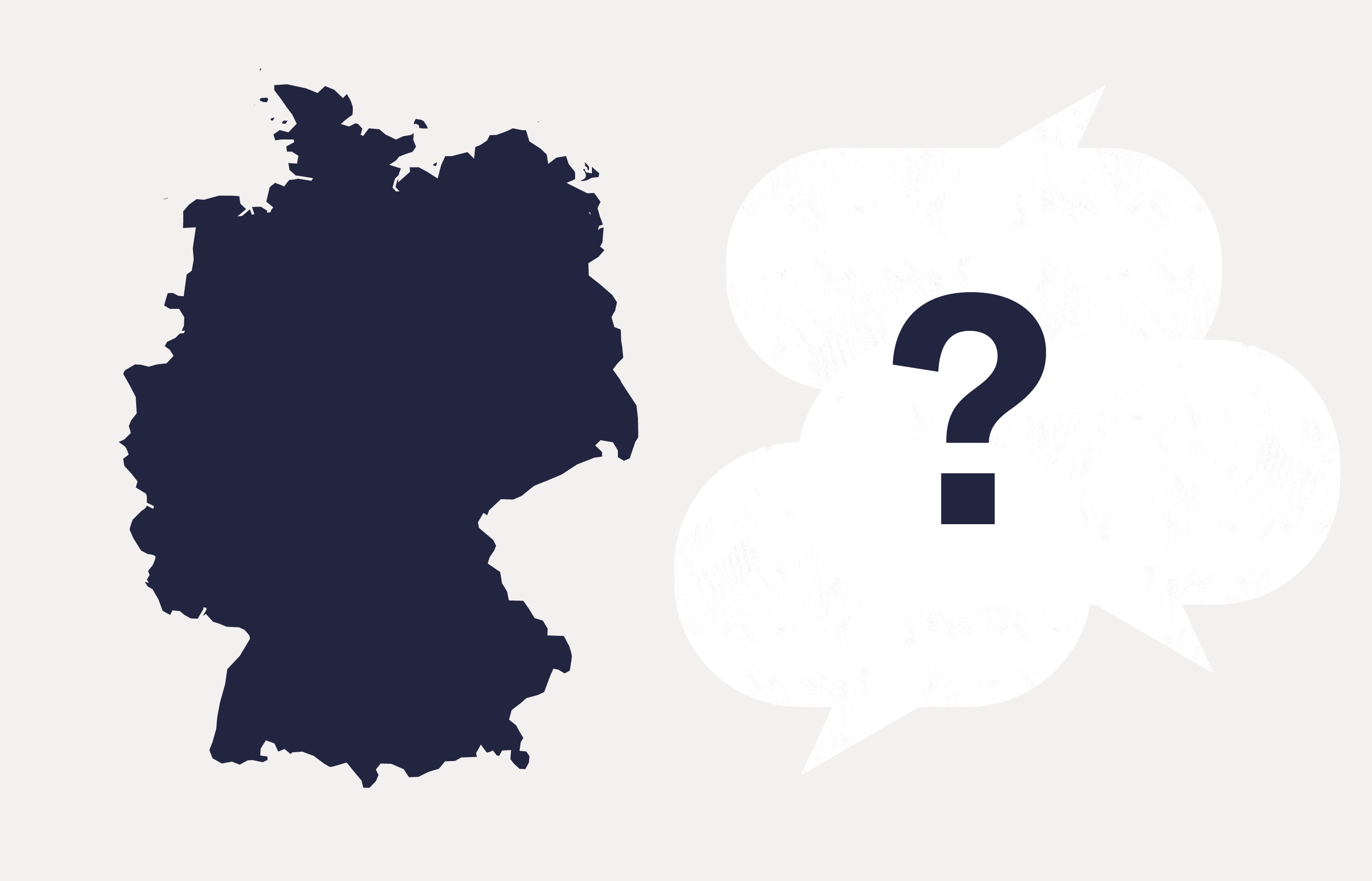 Umrisskarte von Deutschland, daneben Sprechblasen mit einem Fragezeichen darin.